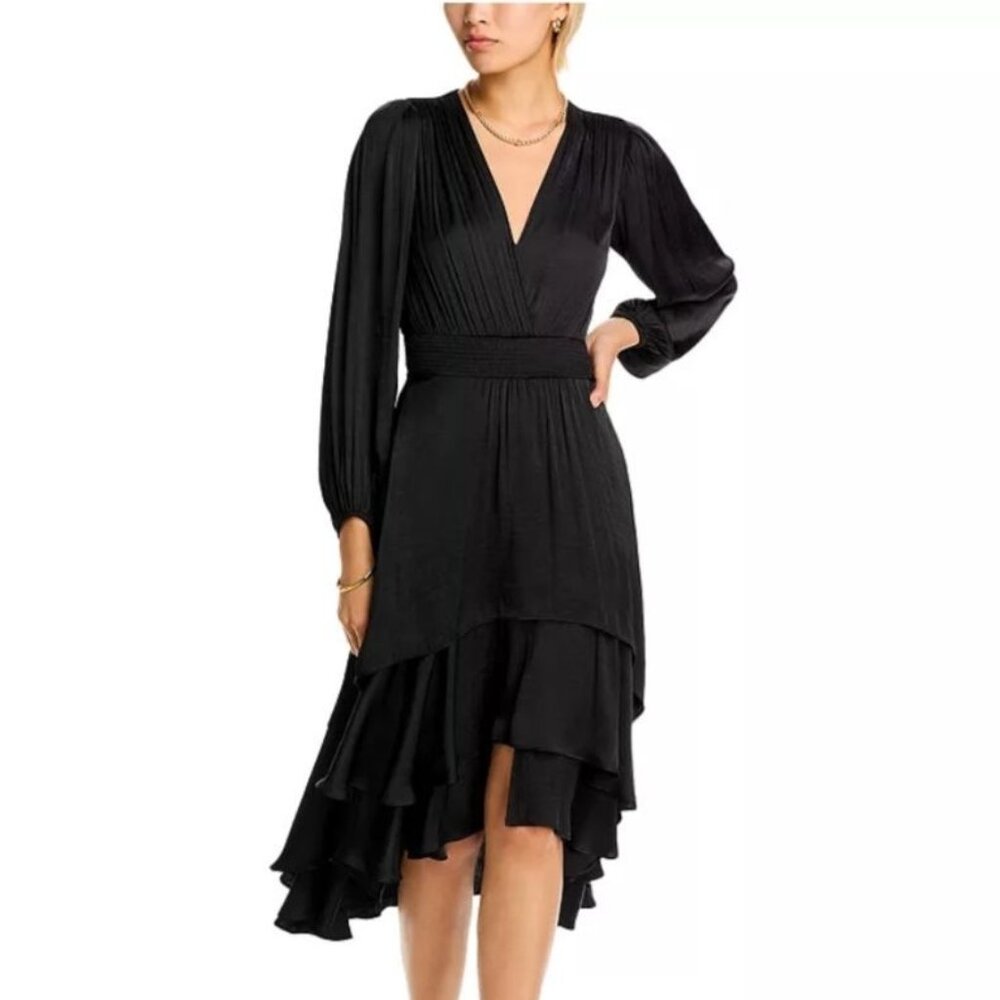 Steve Madden Black Tiered Long-Sleeve V-Neck Dress S